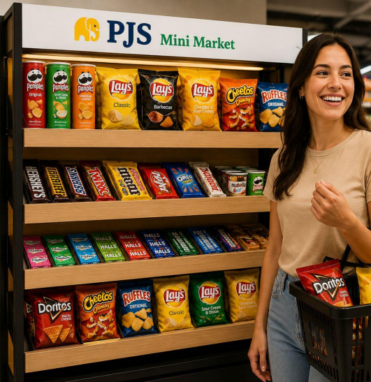 Resident shopping at a PJS Mini Market shelf stocked with snacks and essentials